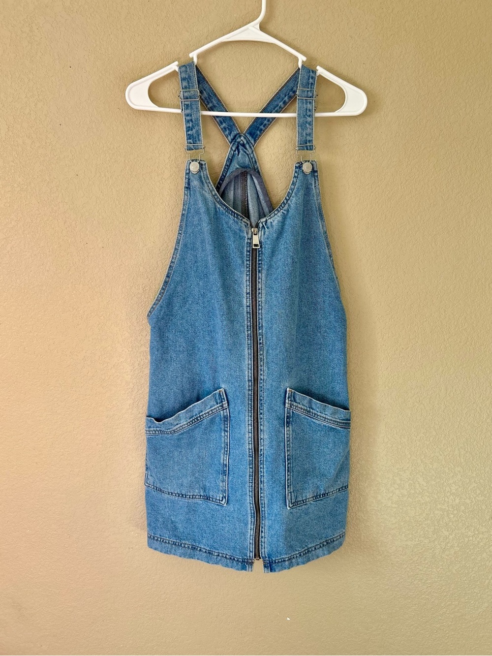 Top Shop Denim Zip-Front Pinafore Mini Dress in Medium Blue Size 10L - Picture 2 of 10